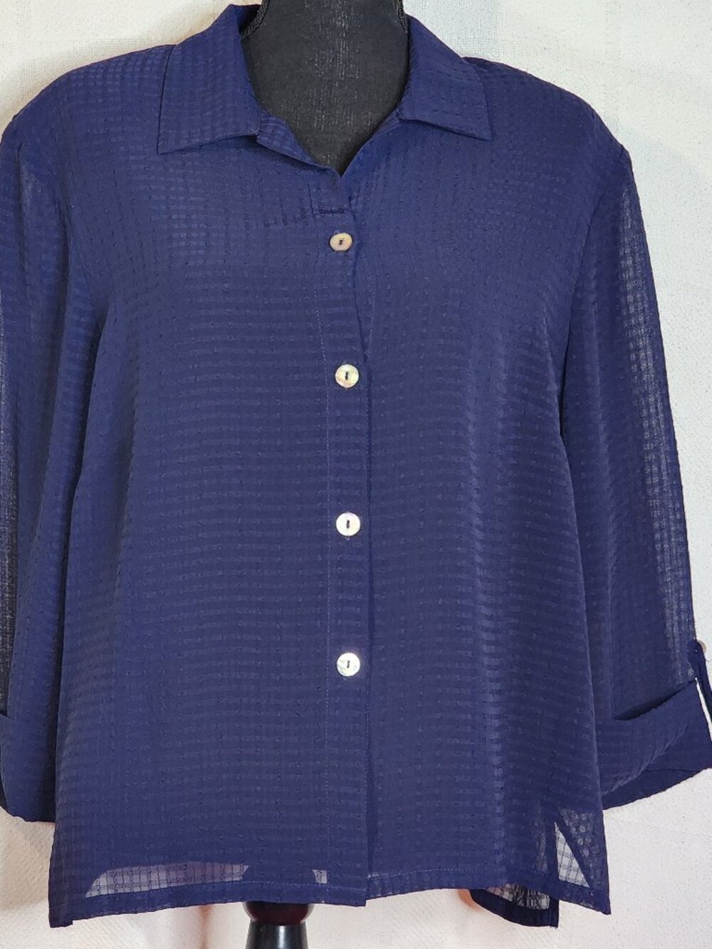 Sheri Martin New York Vtg Dark Navy Sheer Waffle Stripe Tab Sleeve Button Up 18